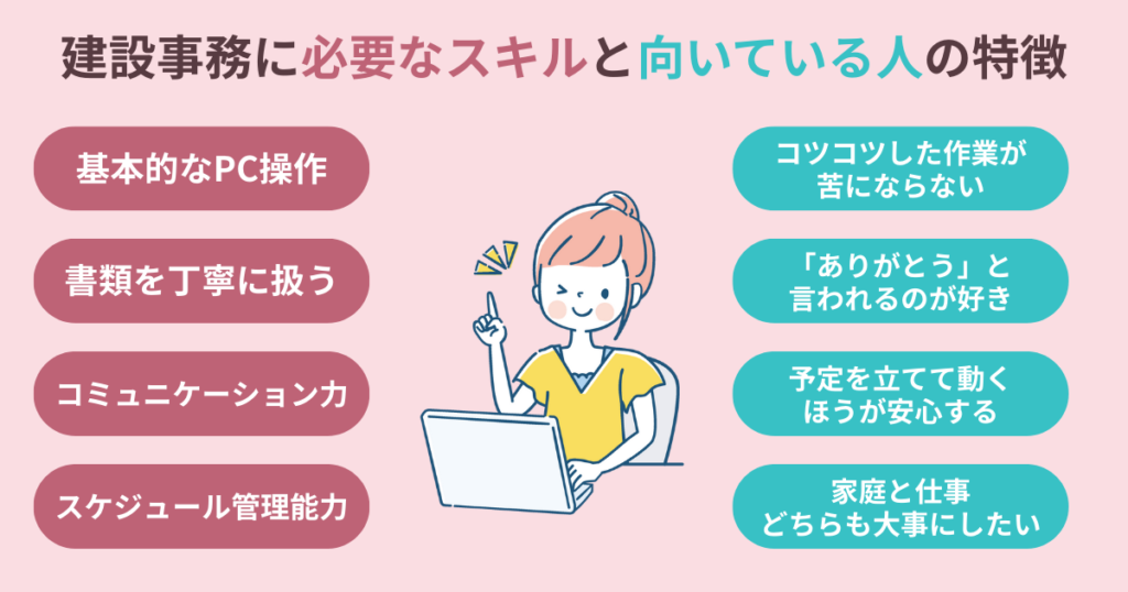 建設事務に必要なスキルと向いている人の特徴を紹介する女性
