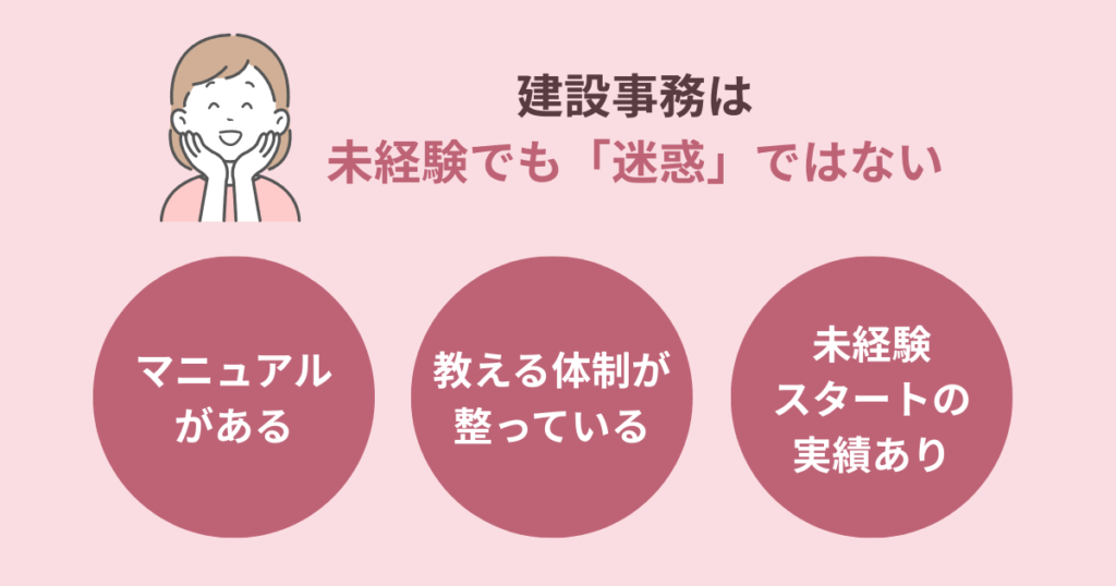 建設事務は未経験でも迷惑ではないことを説明している図